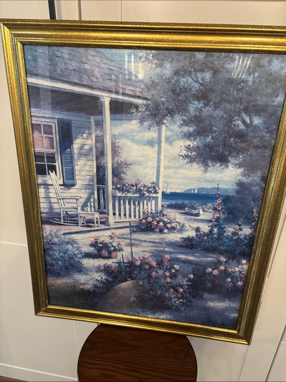 Coastal Cottage Porch Print in Blue and Gold Frame
